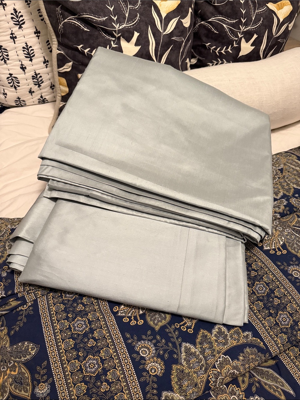Rare Restoration Hardware silk cotton backing Silver sage drape pair 100”x 108”L